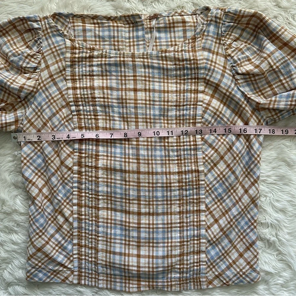 Free People Top Button Back Puff Sleeve Plaid Tan Blue S